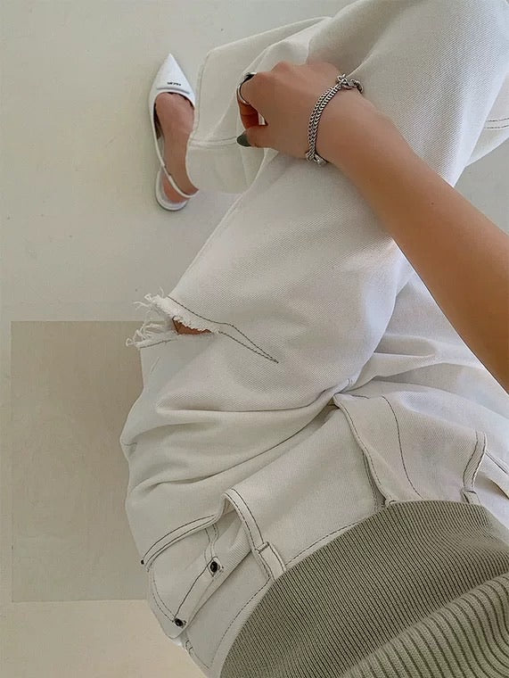 马吉拉风侧边开叉牛仔裤White High Rise Straight Cut Jean with Rips
