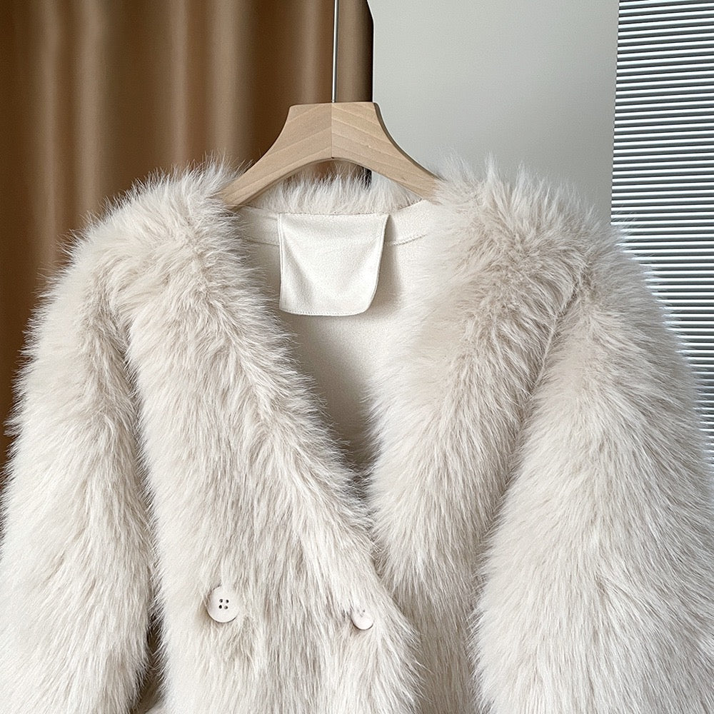 时髦精V领皮草Faux Fur Coat