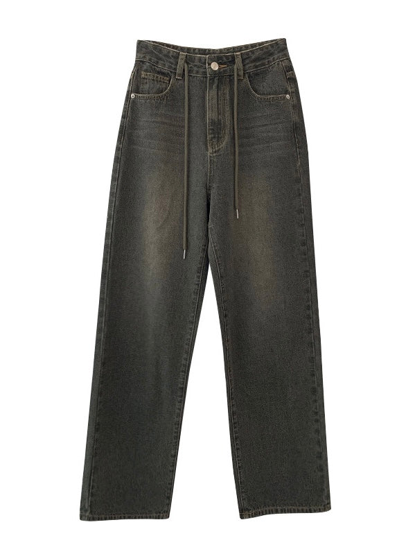 复古做旧抽绳牛仔裤Drawstring High Waist Jean