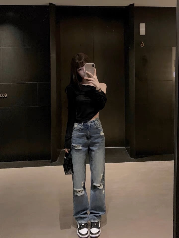 【时髦分子】破洞高腰牛仔裤Ripped High-Rise Jean
