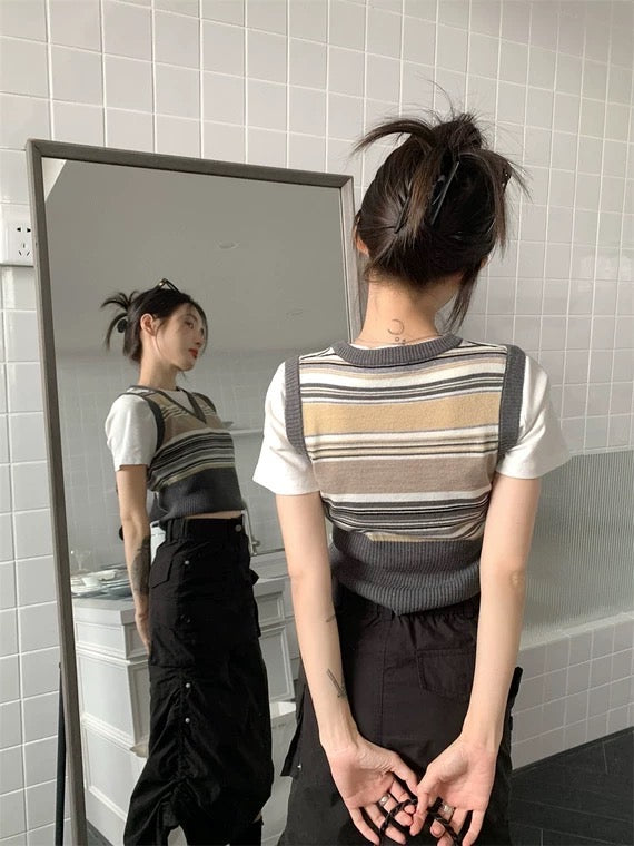 美式美少女条纹背心Vintage Strip V Neck Vest