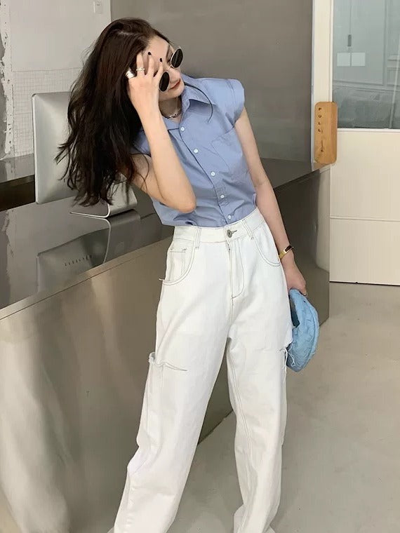 马吉拉风侧边开叉牛仔裤White High Rise Straight Cut Jean with Rips