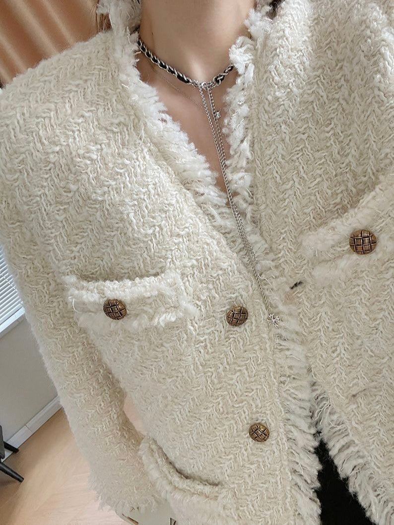 【奶油欧尼】加厚小香外套White Textured Wool Coat