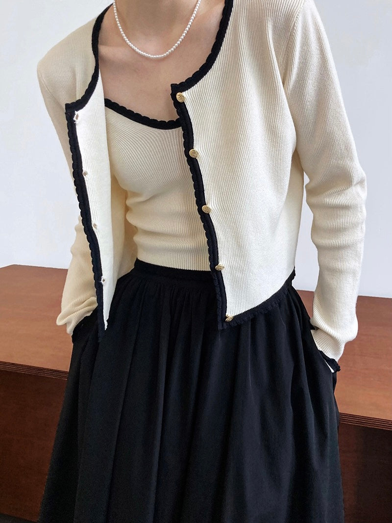 小香风开衫两件套Satin-trimmed Metallic Kint Cardigan and Suspender Top