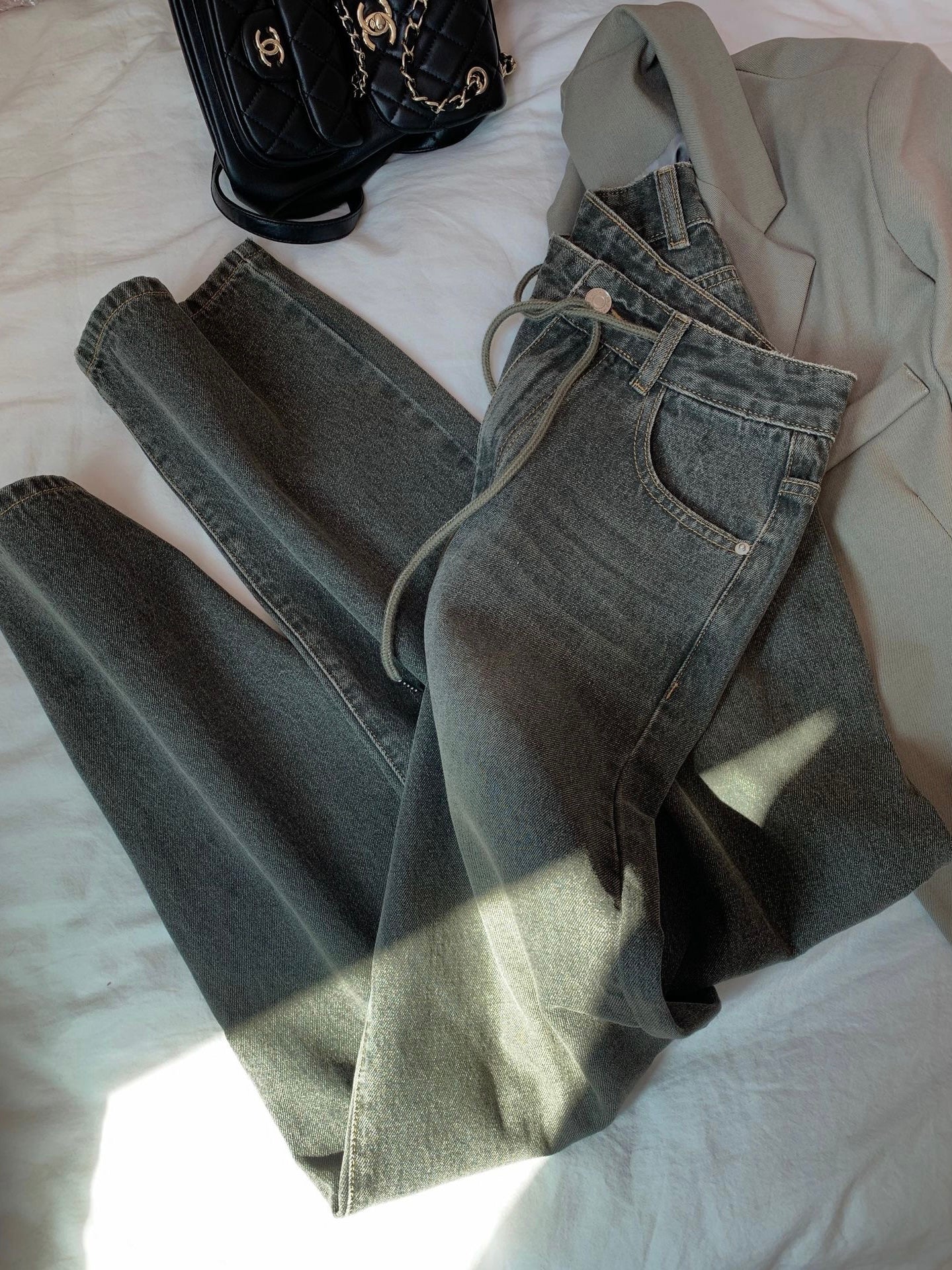 复古做旧抽绳牛仔裤Drawstring High Waist Jean