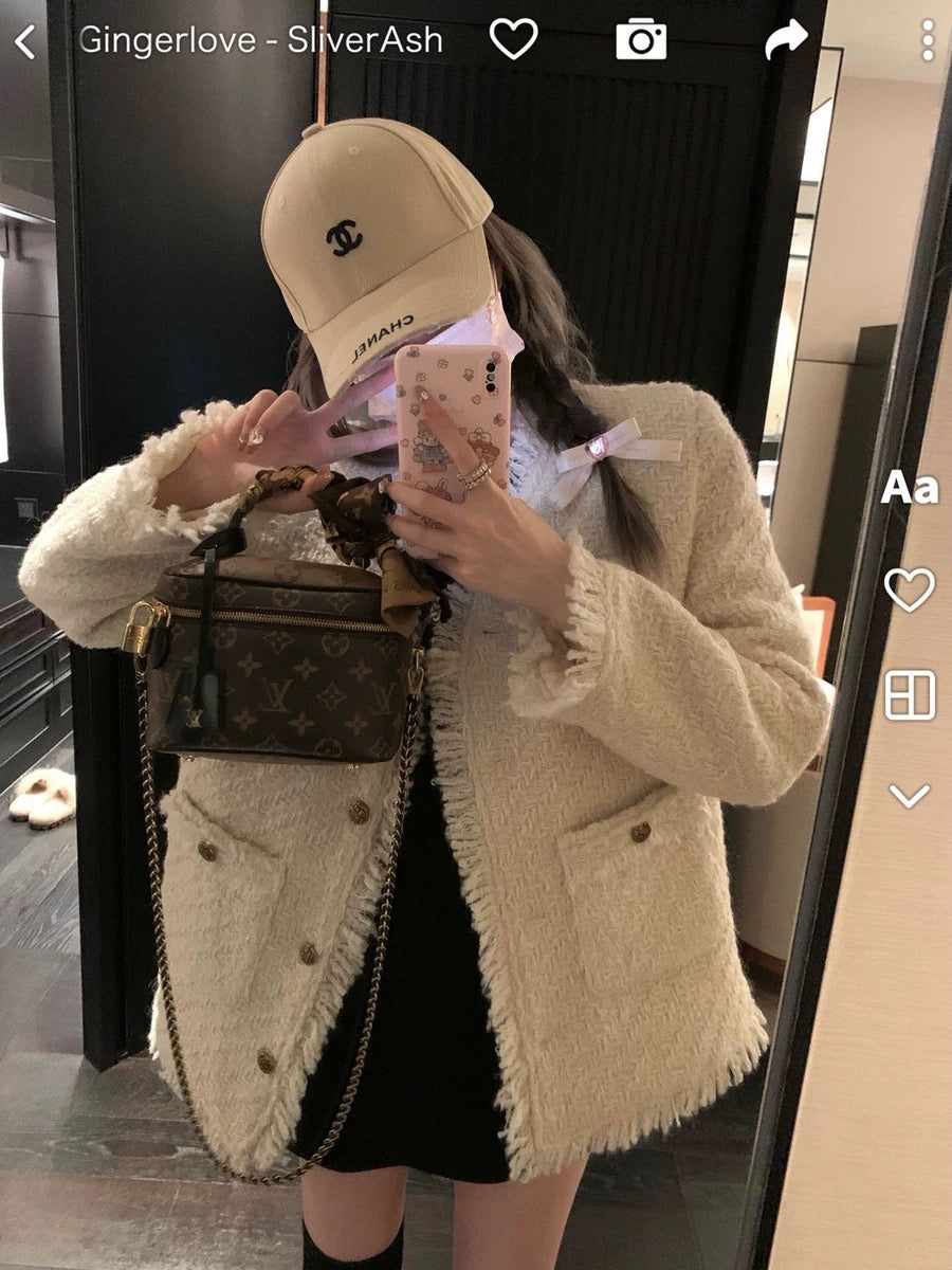 【奶油欧尼】加厚小香外套White Textured Wool Coat