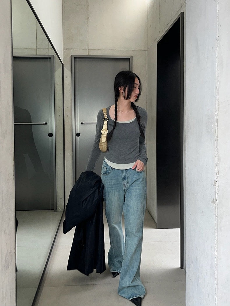 修身U领拼接假两件Slice Fit Two-Piece