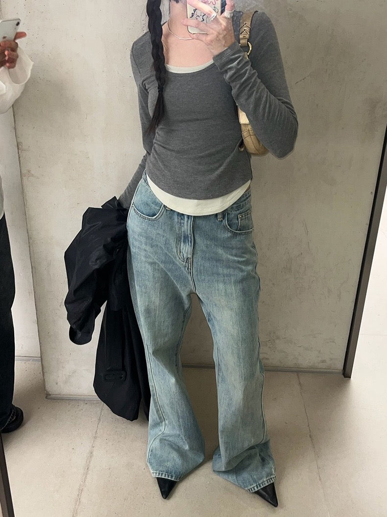 修身U领拼接假两件Slice Fit Two-Piece
