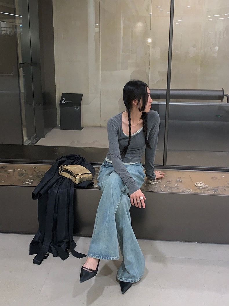 修身U领拼接假两件Slice Fit Two-Piece