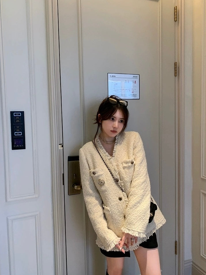 【奶油欧尼】加厚小香外套White Textured Wool Coat