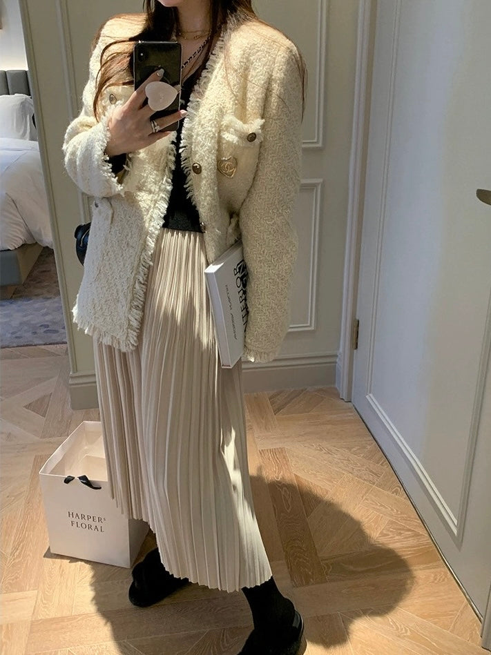 【奶油欧尼】加厚小香外套White Textured Wool Coat