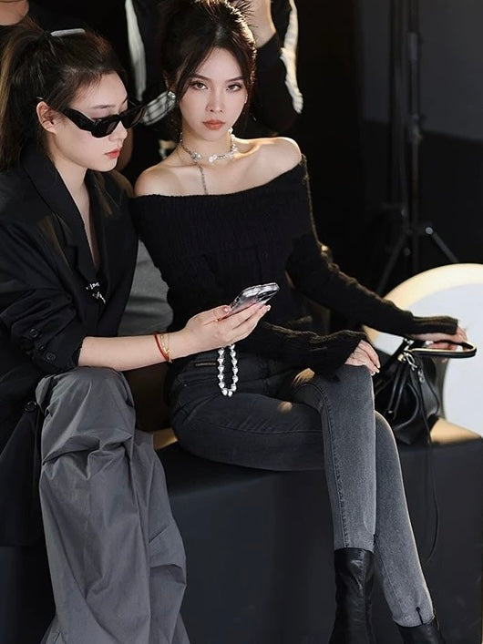 黑色纯欲一字肩毛衣Long Sleeve Off shoulder Top