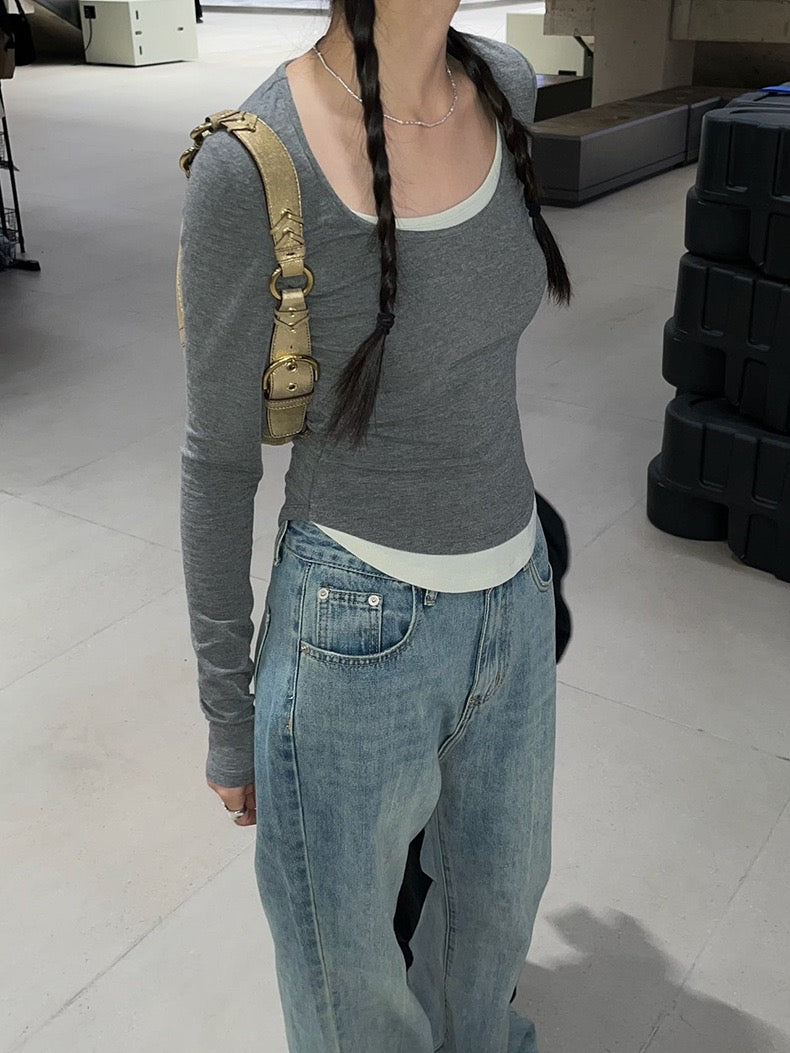 修身U领拼接假两件Slice Fit Two-Piece