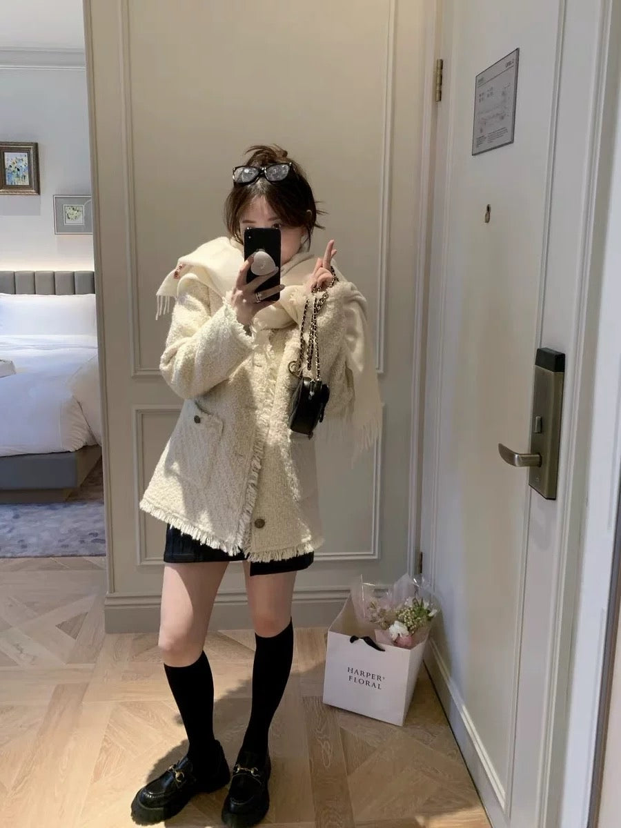 【奶油欧尼】加厚小香外套White Textured Wool Coat