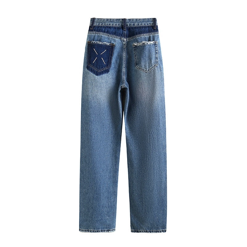 水洗蓝直筒牛仔裤High Rise Wide Leg Jean