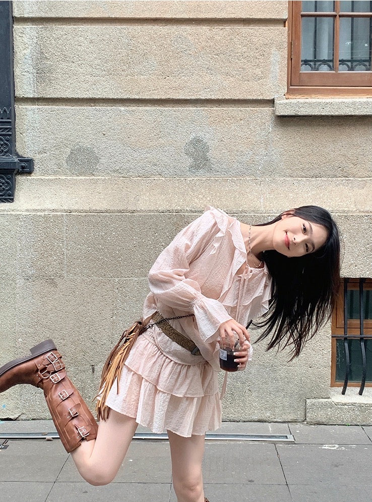浅粉肌理感短裙套装如意塘少女套装