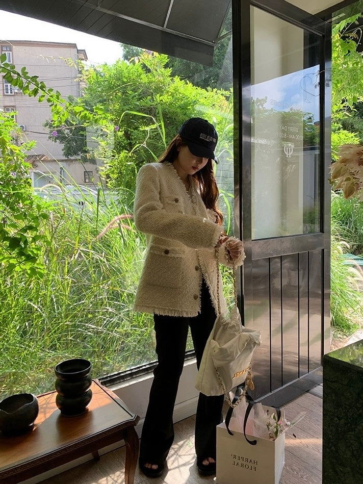【奶油欧尼】加厚小香外套White Textured Wool Coat