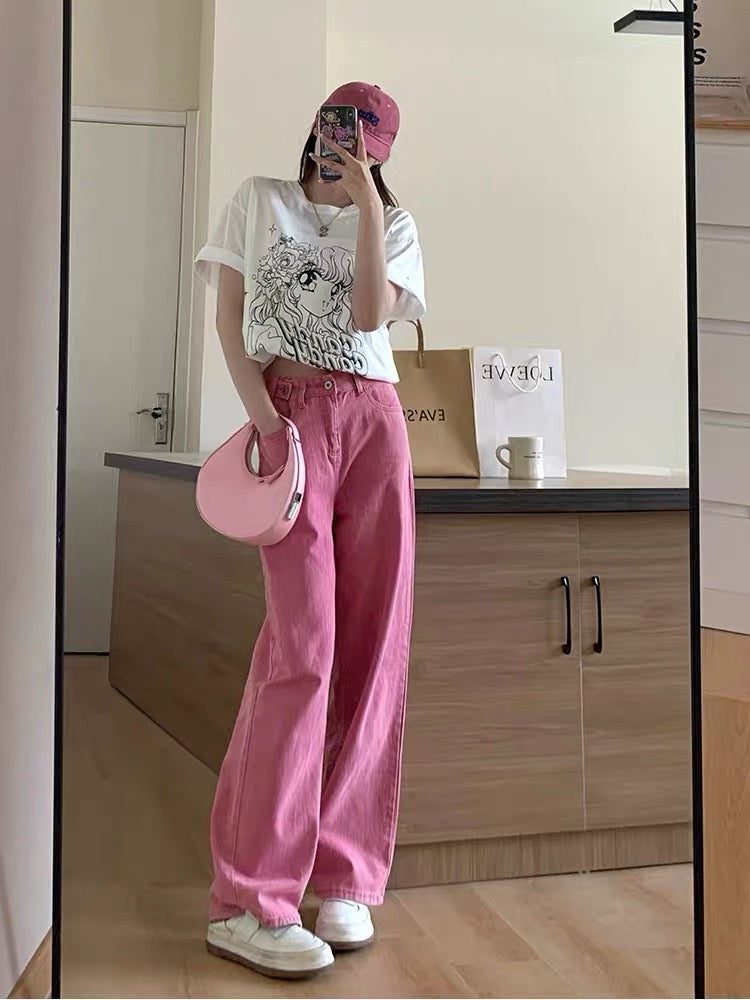 粉色阔腿牛仔裤Fuscia Pink Jean