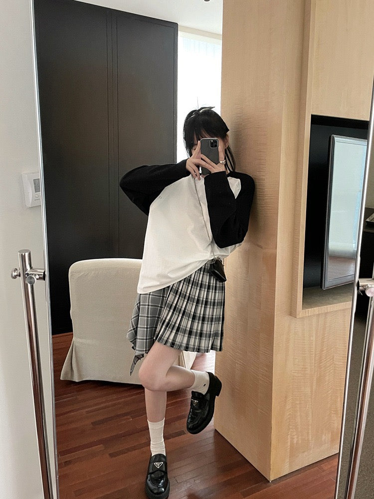 学院风格纹不规则半裙Striped Pleated Patchwork Skirt