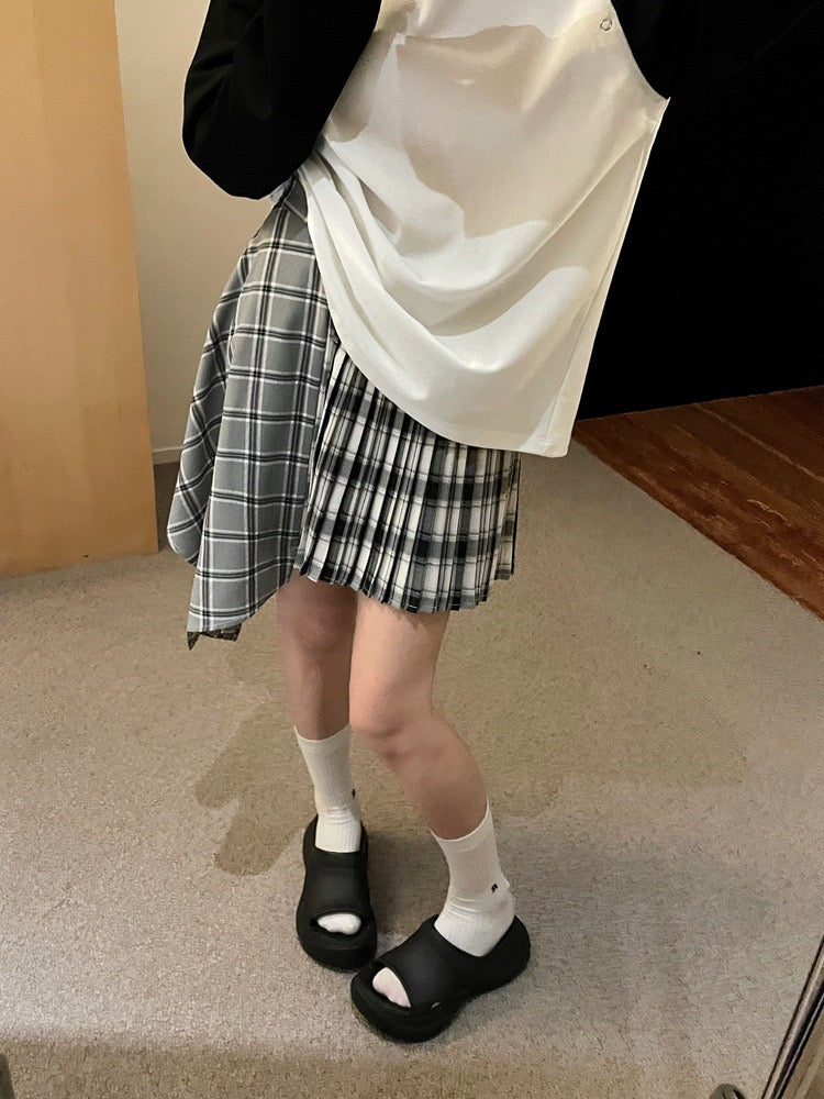 学院风格纹不规则半裙Striped Pleated Patchwork Skirt