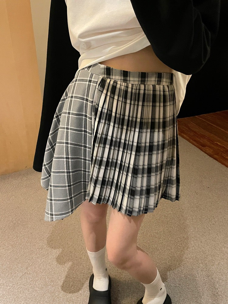 学院风格纹不规则半裙Striped Pleated Patchwork Skirt