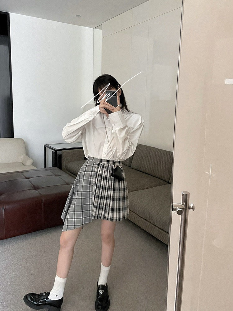 学院风格纹不规则半裙Striped Pleated Patchwork Skirt