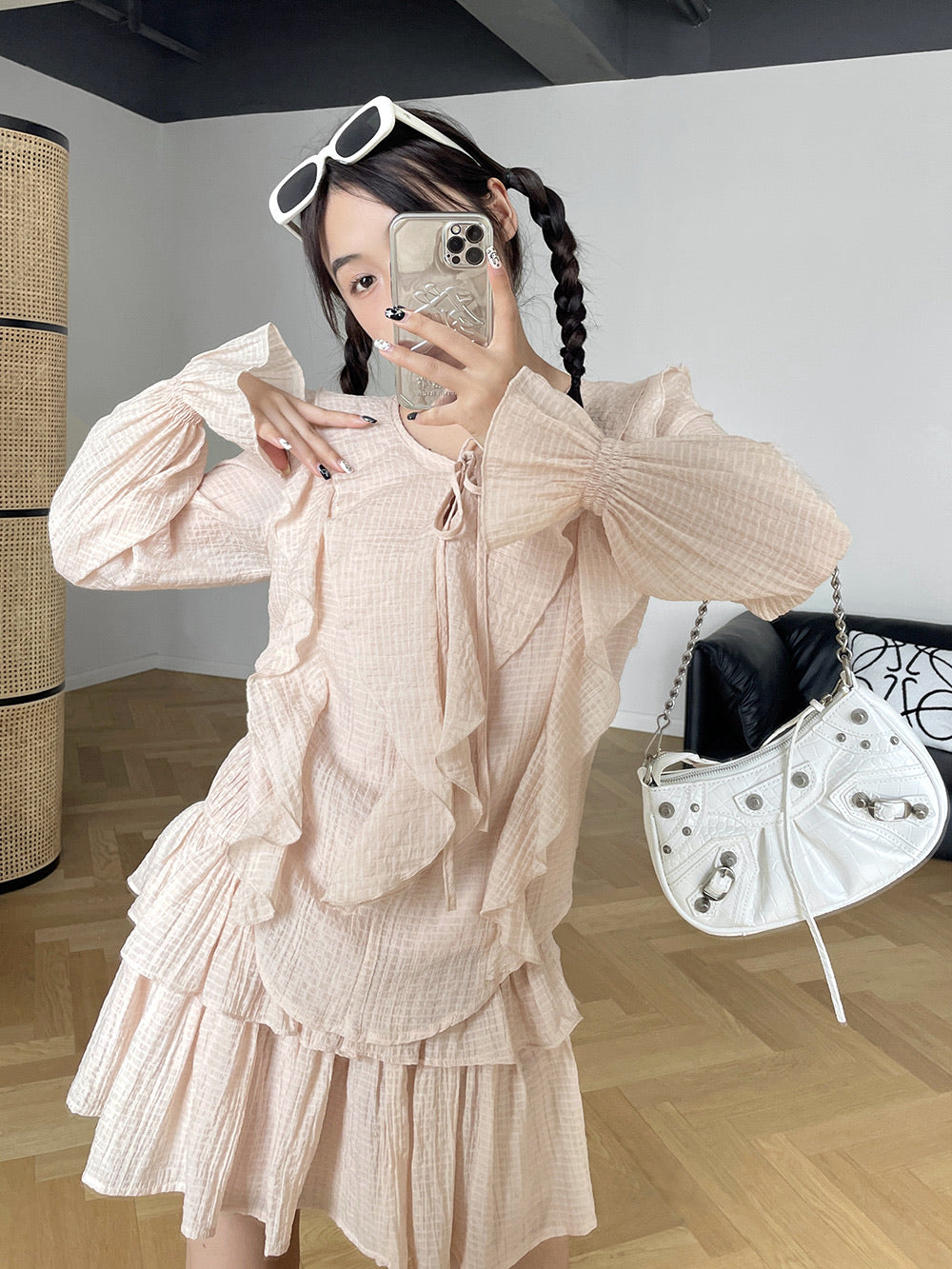 浅粉肌理感短裙套装如意塘少女套装