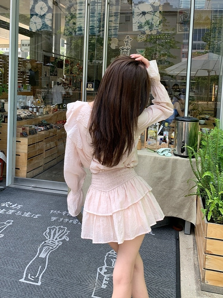 浅粉肌理感短裙套装如意塘少女套装