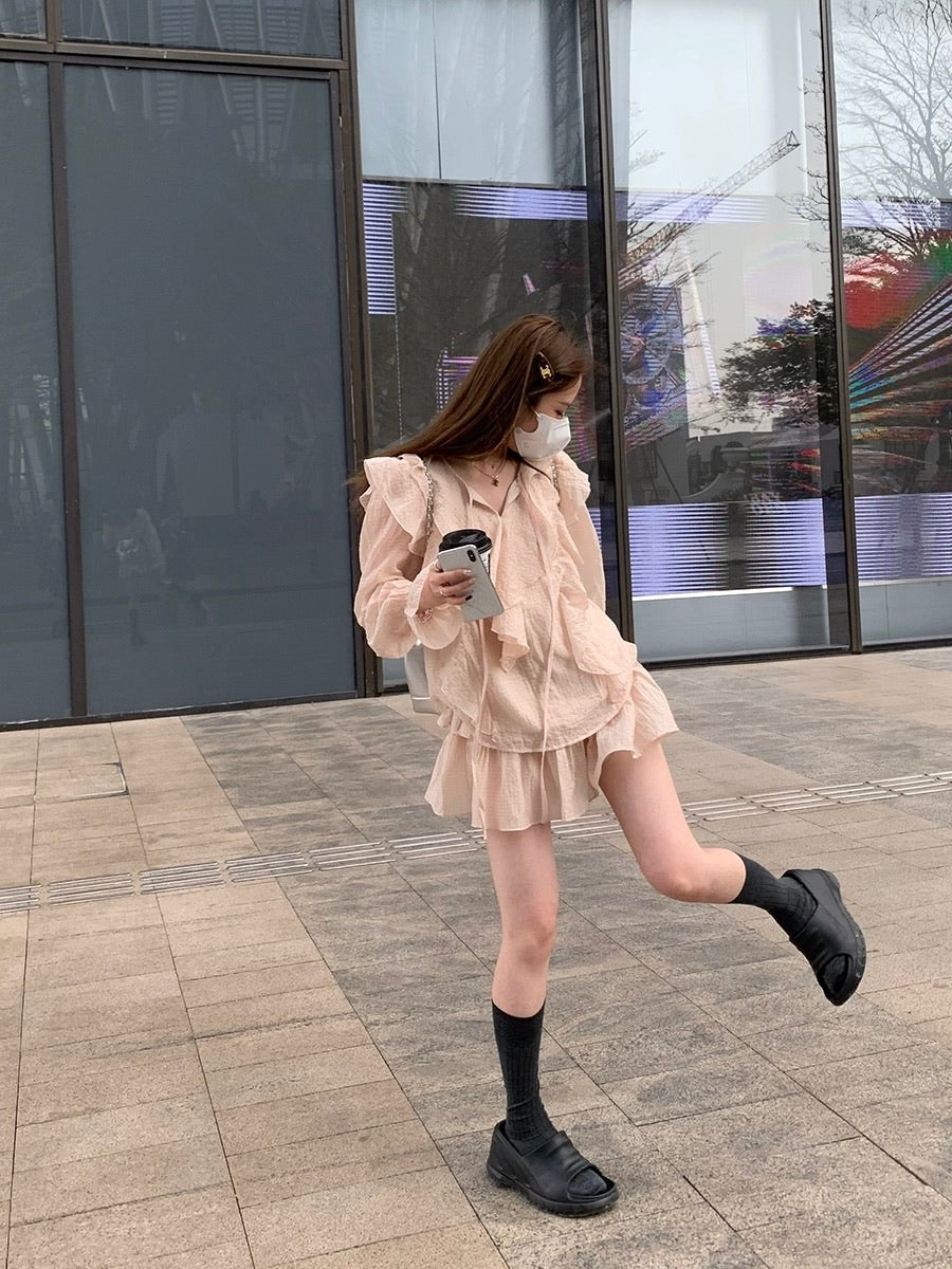浅粉肌理感短裙套装如意塘少女套装