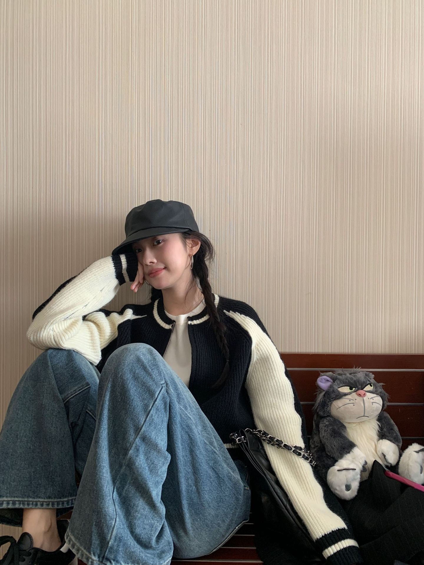 复古撞色短款厚针织外套Vintage Clash Chunky Knit Jacket