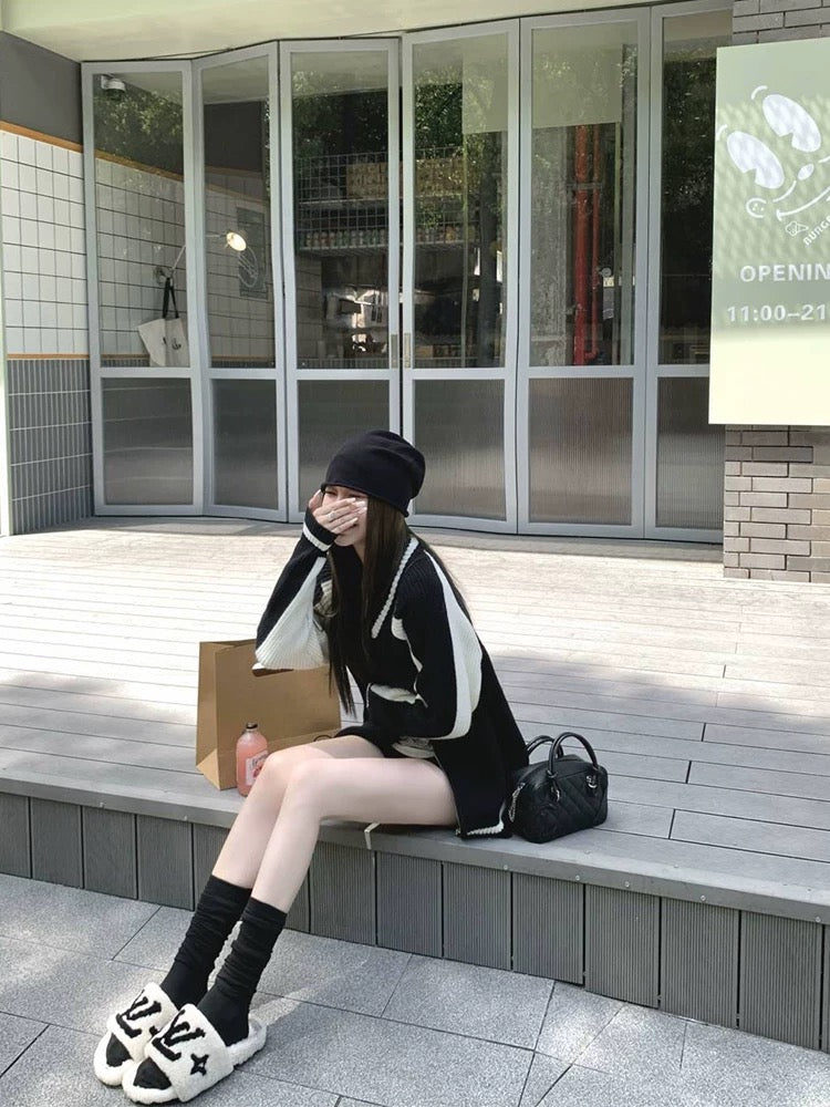 复古撞色短款厚针织外套Vintage Clash Chunky Knit Jacket