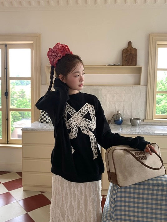 法式绝美蕾丝拼接蝴蝶结圆领卫衣French lace appliqué jumper
