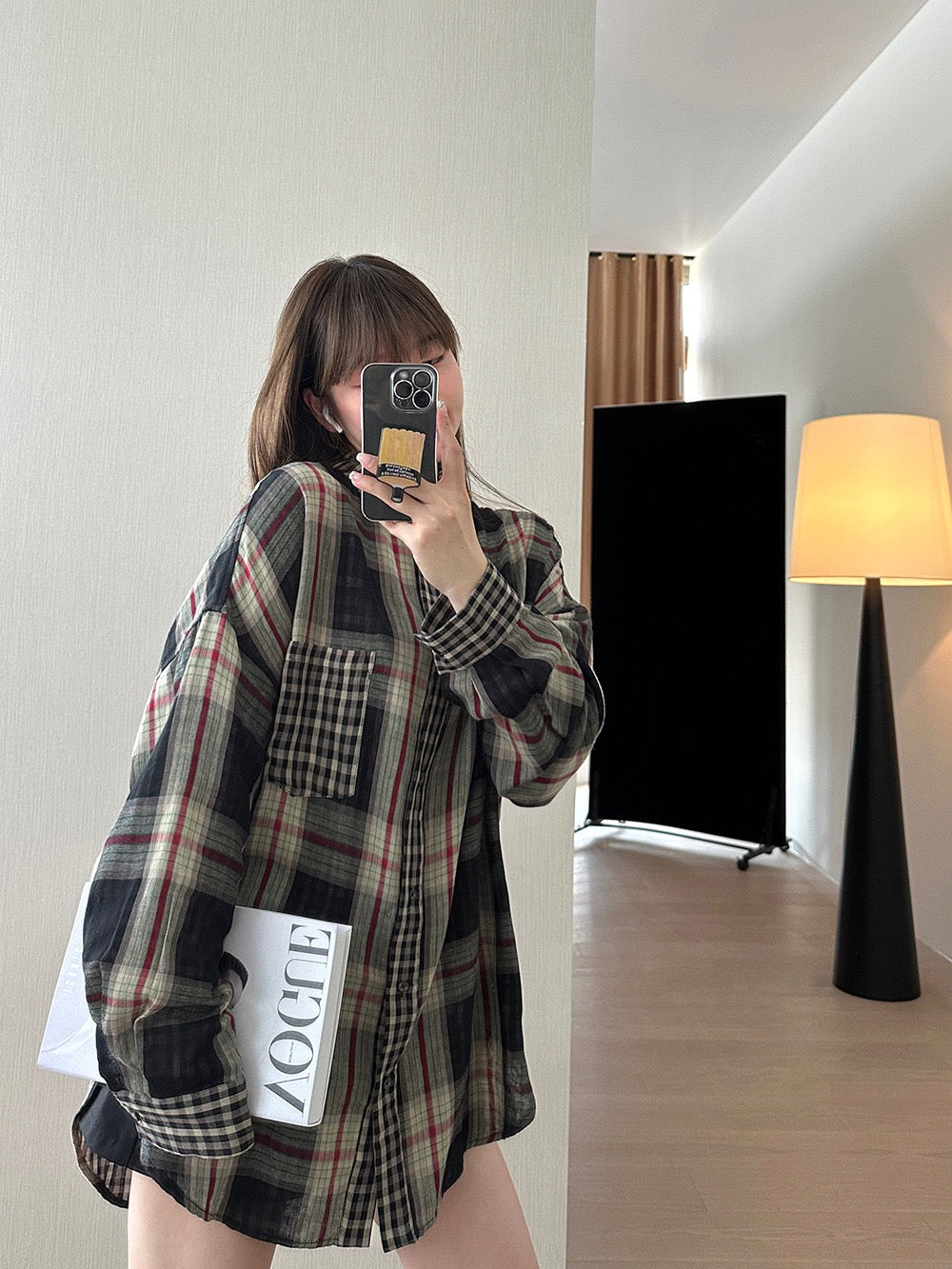 松弛慵懒长袖复古格纹衬衫Loose Vintage Check Shirt