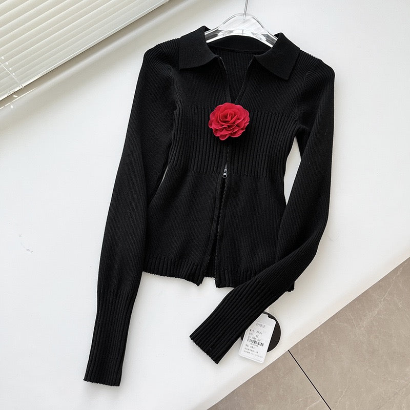 玫瑰花朵双头拉链修身开衫Rose Double Zip Cardigan