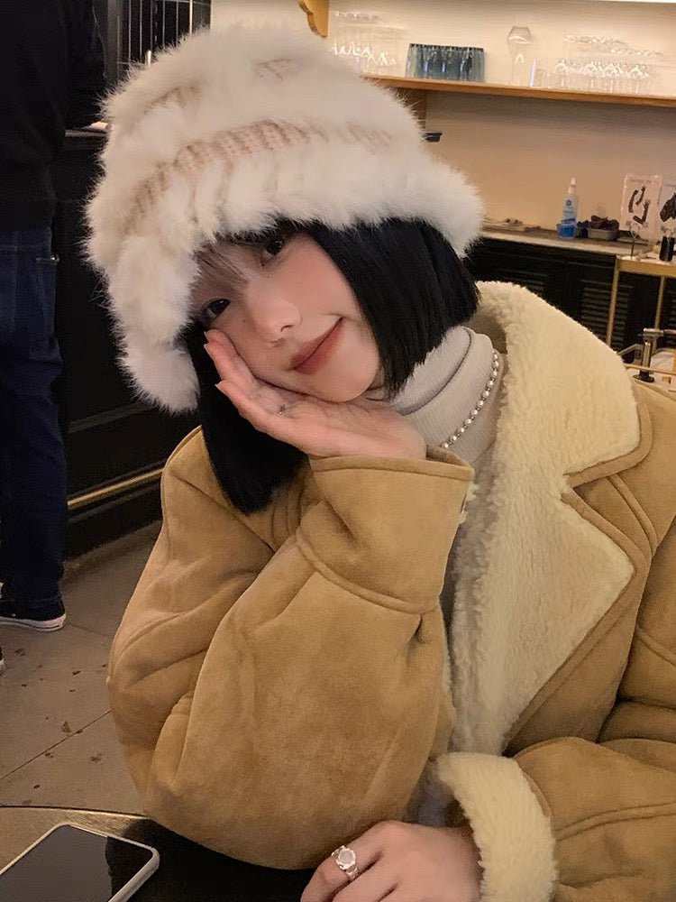 米色韩版兔毛显脸小水桶帽Beige bucket hat