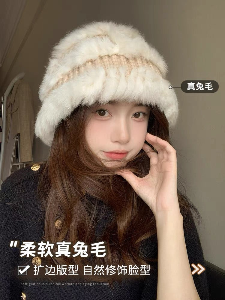 米色韩版兔毛显脸小水桶帽Beige bucket hat