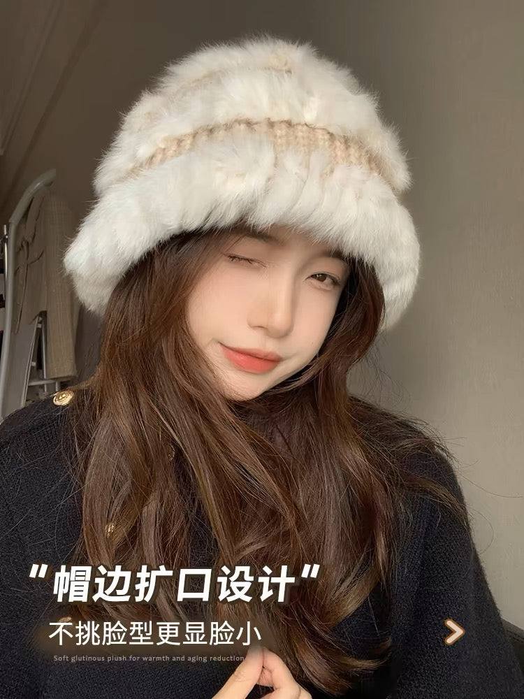 米色韩版兔毛显脸小水桶帽Beige bucket hat