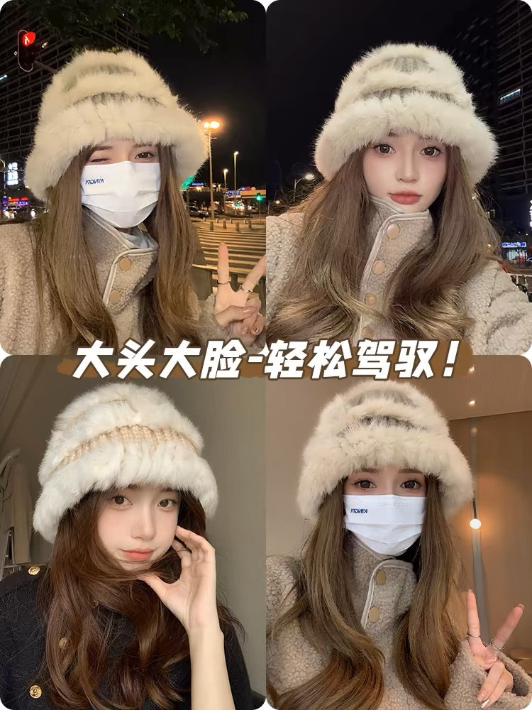 米色韩版兔毛显脸小水桶帽Beige bucket hat