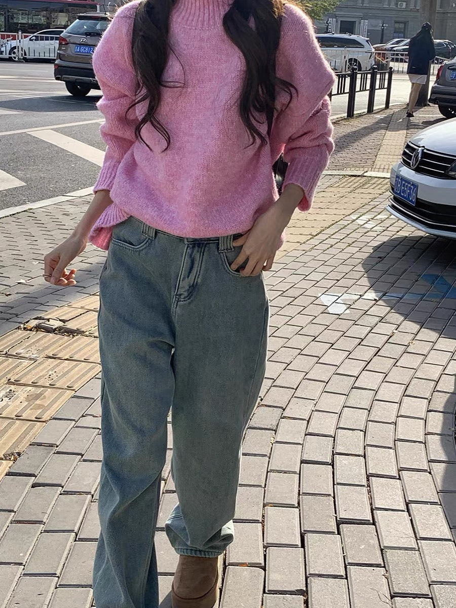 浅蓝色加绒宽松牛仔裤Light Blue Padded Loose Jeans
