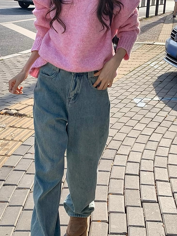 浅蓝色加绒宽松牛仔裤Light Blue Padded Loose Jeans