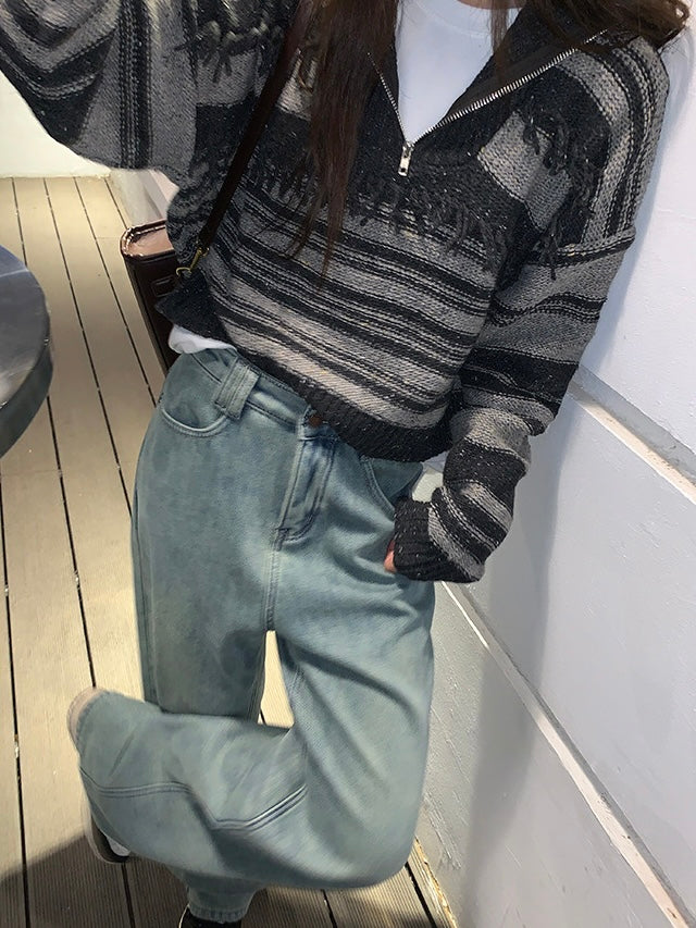 浅蓝色加绒宽松牛仔裤Light Blue Padded Loose Jeans