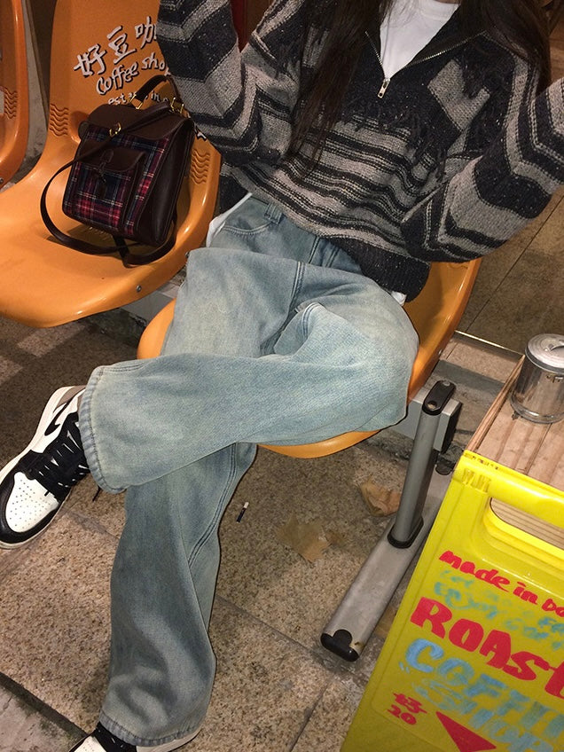 浅蓝色加绒宽松牛仔裤Light Blue Padded Loose Jeans