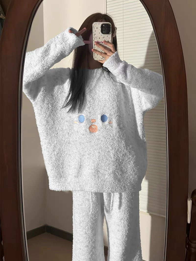 韩版可爱半边绒睡衣套装Winter Warm Home Wear