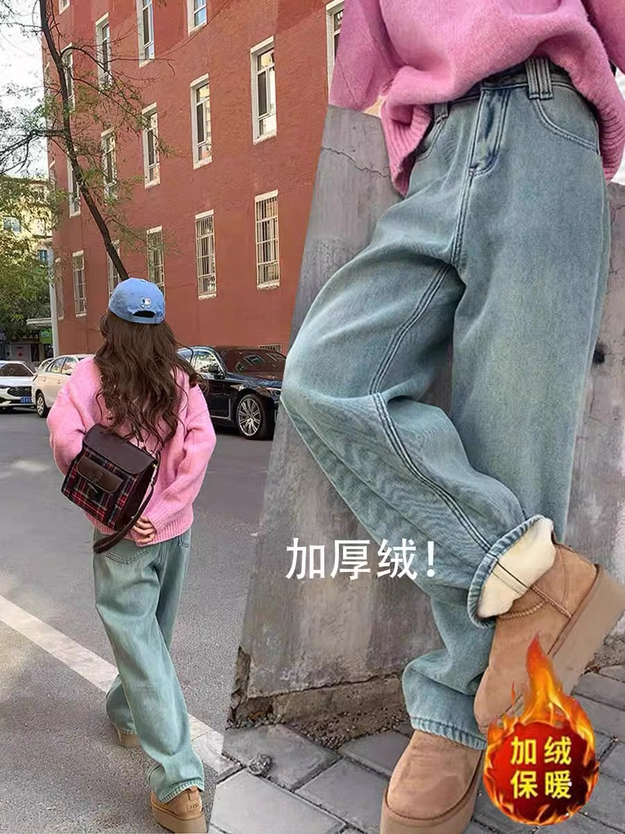 浅蓝色加绒宽松牛仔裤Light Blue Padded Loose Jeans