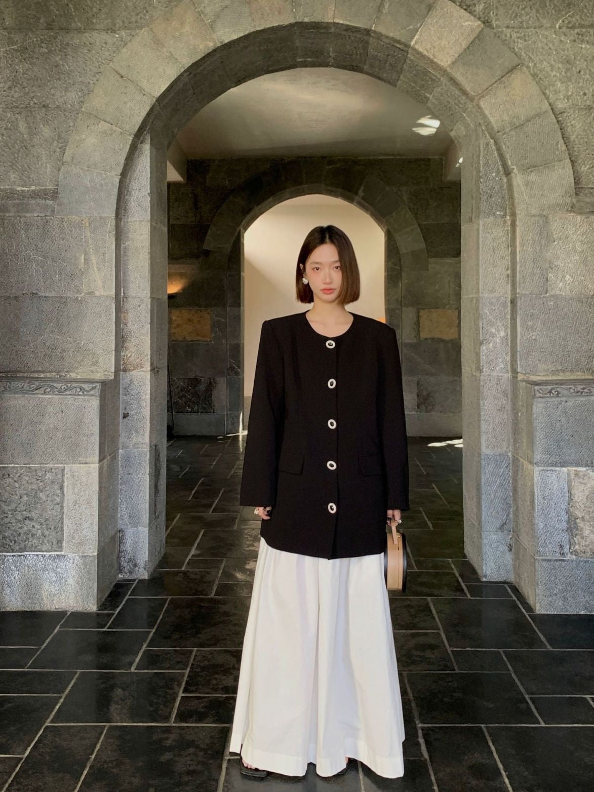 气质小香圆领外套Black Blazer Button Coat