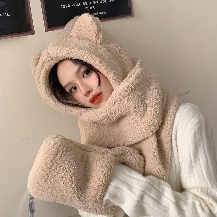 两色小熊围脖帽子Super Soft Bear Hat with Pocket