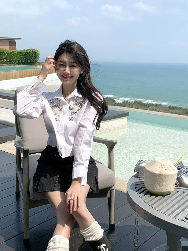 重工白色闪钻衬衫Gemstone White Long Sleeve Shirt