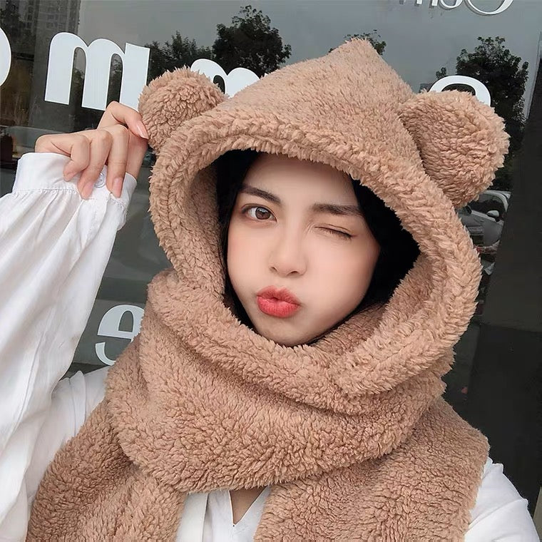 两色小熊围脖帽子Super Soft Bear Hat with Pocket