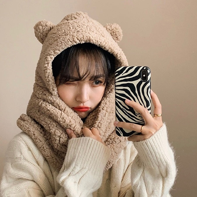 两色小熊围脖帽子Super Soft Bear Hat with Pocket