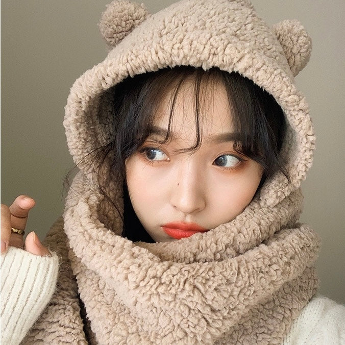 两色小熊围脖帽子Super Soft Bear Hat with Pocket